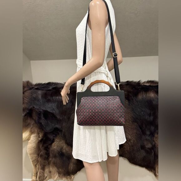 Colorblock Woven Cowhide Handmade Wooden Frame Top Handle Satchel, Crossbody Bag - Picture 12 of 16